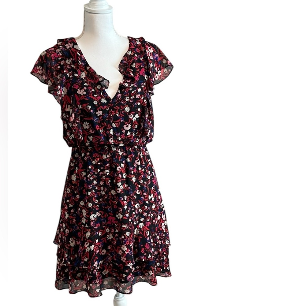 NWT $108 BCBG Generation Floral Ruffle‎ Mini Dress Black Multi Size 6 Feminine